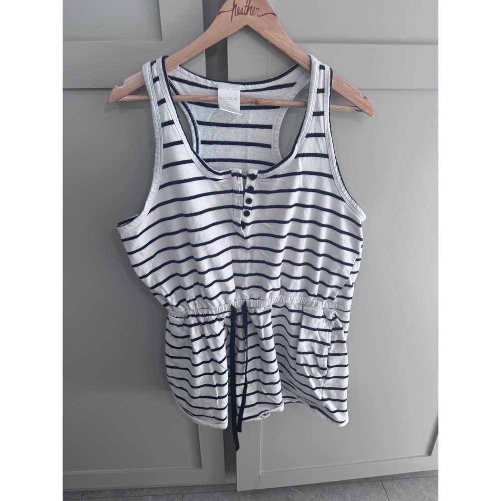 Serra Womens Striped Romper Large White and black Cotton Henley Racerback Lounge